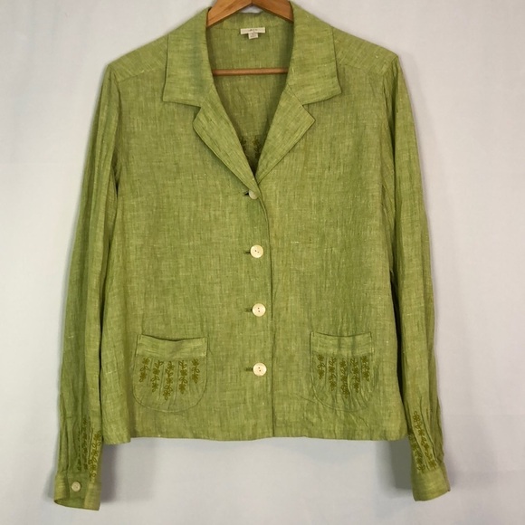 J. Jill Woman Linen Button Lime Green Embroidered Jacket Blazer Size L - Picture 1 of 12
